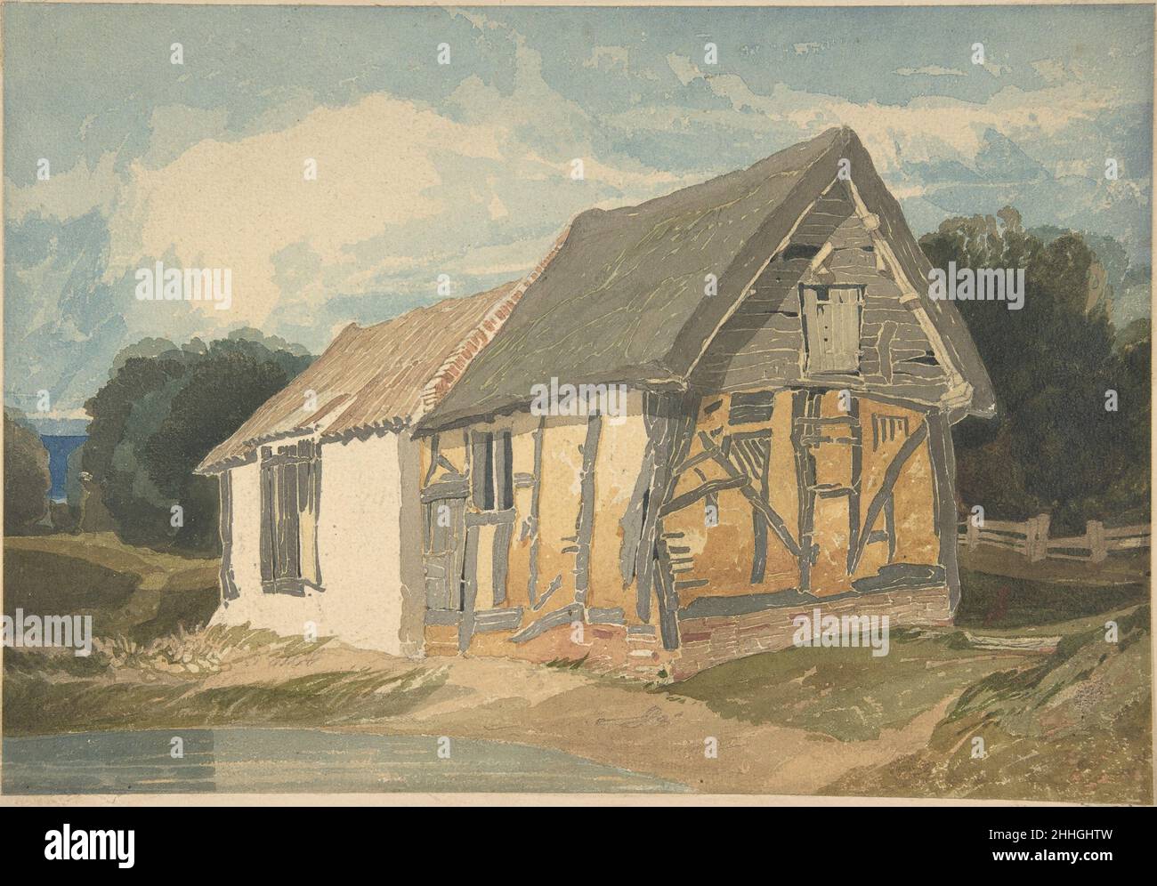 Farm Building by a Pond 1808–11(?) John Sell Cotman Britisch die frei applizierten, rauhen Schichten von abgestuften Tönen am Himmel und die Musterungen von Cotman, die zur Beschreibung der Hölzer, Fliesen und Laub entwickelt wurden, sind alle charakteristisch für das Werk des Künstlers um 1810. Vier Jahre zuvor war er aus London in seine Heimatstadt Norwich zurückgekehrt, gründete eine Zeichenschule und begann, kleine Werke wie diese für Schüler zu kopieren. Bewusst vereinfachte Formen charakterisieren das zweiteilige, rustikale Gebäude mit seinen verputzten und Fachwerkwänden sowie gefliesten und reetgedeckten Dächern, das vor Bäumen und Oben steht Stockfoto