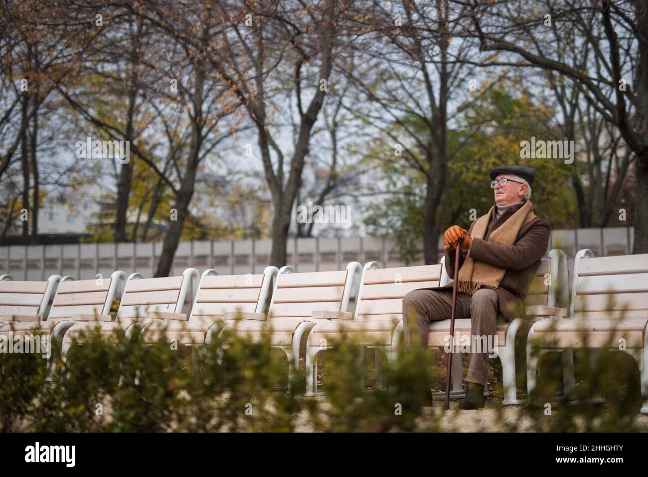Ein alter eleganter Mann mit Spazierstock sitzt am Herbsttag auf der Bank im Park Stockfoto