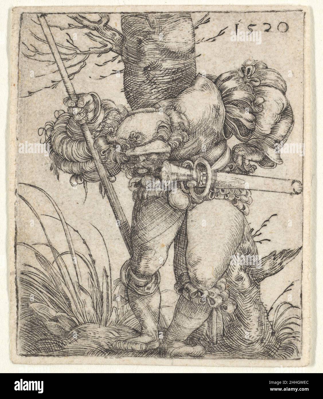 Biegsamer Soldat schief gegen einen Baum 1520 Barthel Beham Deutsch. Kniffliger Soldat schief gegen einen Baum 336293 Stockfoto
