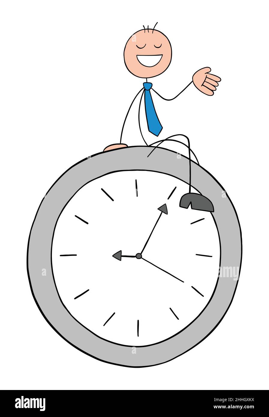 Stickman Geschäftsmann sitzt auf der Uhr und ist sehr glücklich. Handgezeichnete Skizze Cartoon Vektor Illustration. Stock Vektor