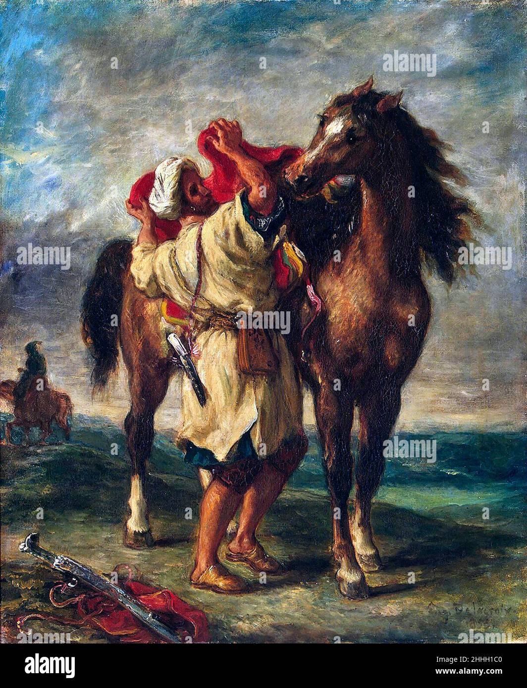 Arab Saddling His Horse von Eugène Delacroix (1798-1863), Öl auf Leinwand, 1855 Stockfoto