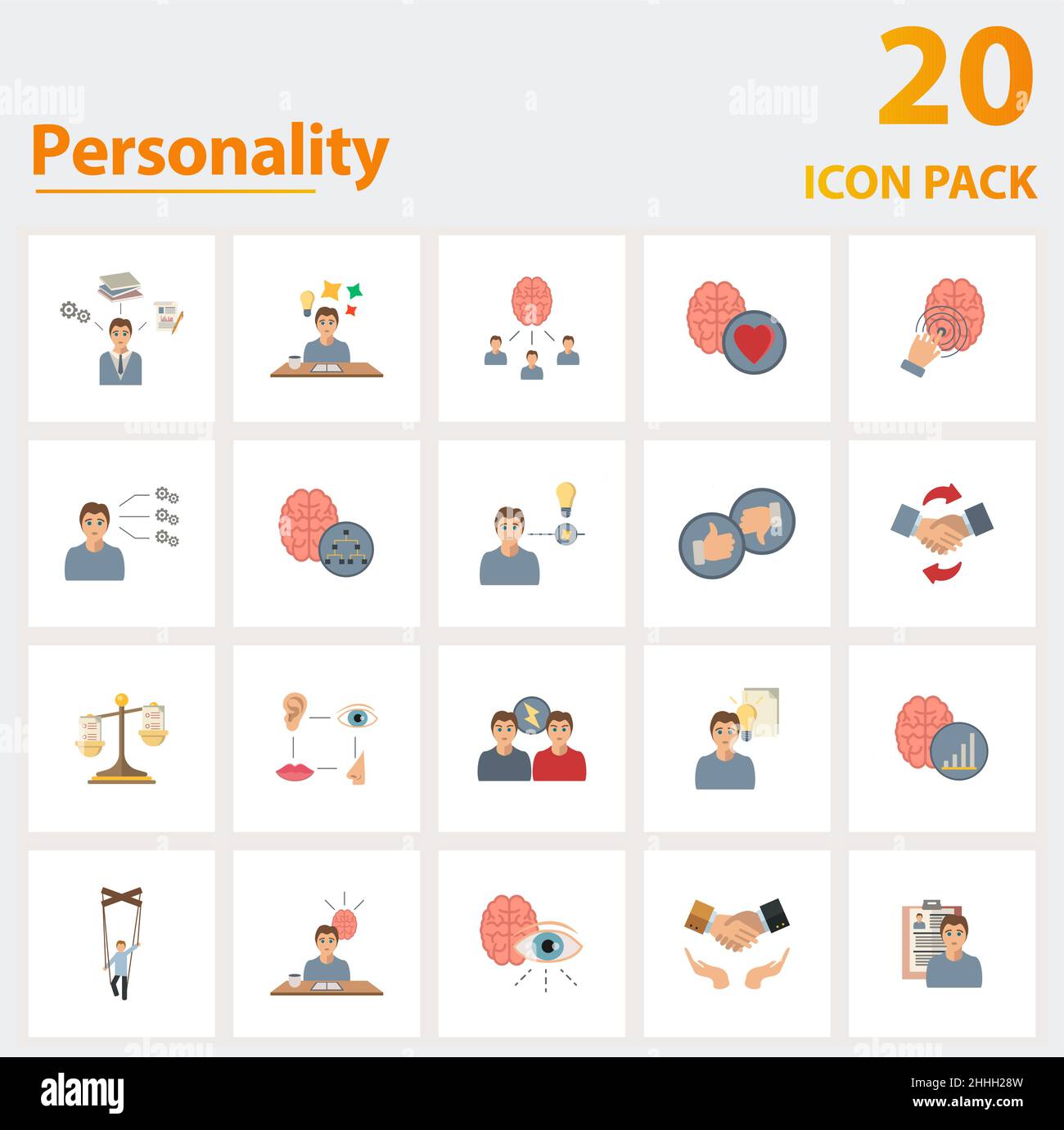 Persönlichkeitssymbole eingestellt. Sammlung einfacher Elemente wie Aufgeschlossenheit, Entfesselung neuer Fähigkeiten, gemeinsamer Geist, schnelles Denken, Kritik Stock Vektor