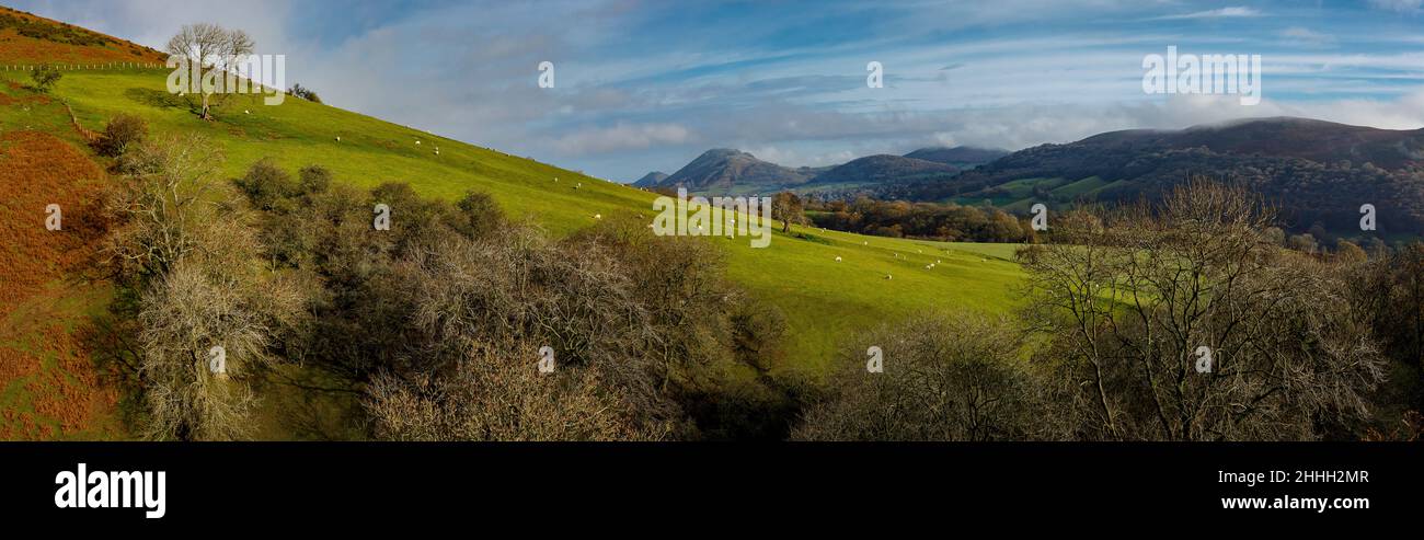 Shropshire Hills, AONB, Long Mynd in der Nähe von Church Stretton. Landschaft. Panorama. Stockfoto
