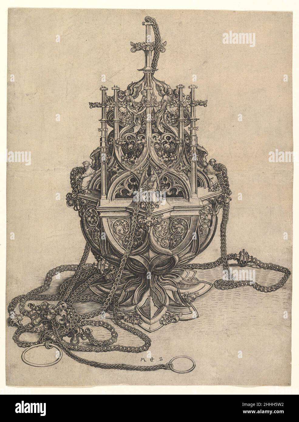 Der Zenser ca. 1435–1491 Martin Schongauer Deutsch Obwohl er als Maler ausgebildet und tätig ist, sind die Stiche von Martin Schongauer zweifellos sein wichtigster Beitrag zur Kunstgeschichte. Der größte Teil seines Schaffens besteht aus religiösen Themen, aber er konzentrierte sich auch auf Genreszenen, Tierporträts, Heraldik, Und von Zeit zu Zeit Ornament und Design. Der Crozier (bischöflicher Stab) und der Zensor sind zwei seiner Meisterwerke auf diesem Gebiet und erinnern an das Engagement seiner Familie im Bereich der Goldschmiedearbeit. Insbesondere der Zenser wird für seine lebendige dreidimensionale Darstellung gefeiert Stockfoto