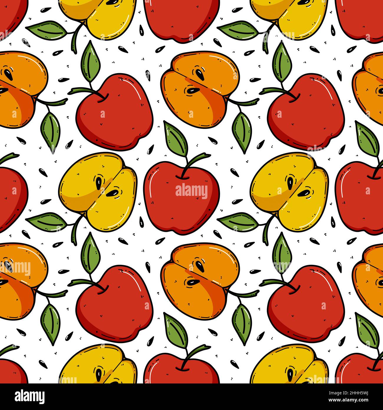 Apple-Hintergrund, nahtlose Muster Vektor-Illustration. Gut für Textilien, Verpackungen, Tapeten usw. Süße rote und gelbe Äpfel isoliert auf weißem Hintergrund. Stock Vektor