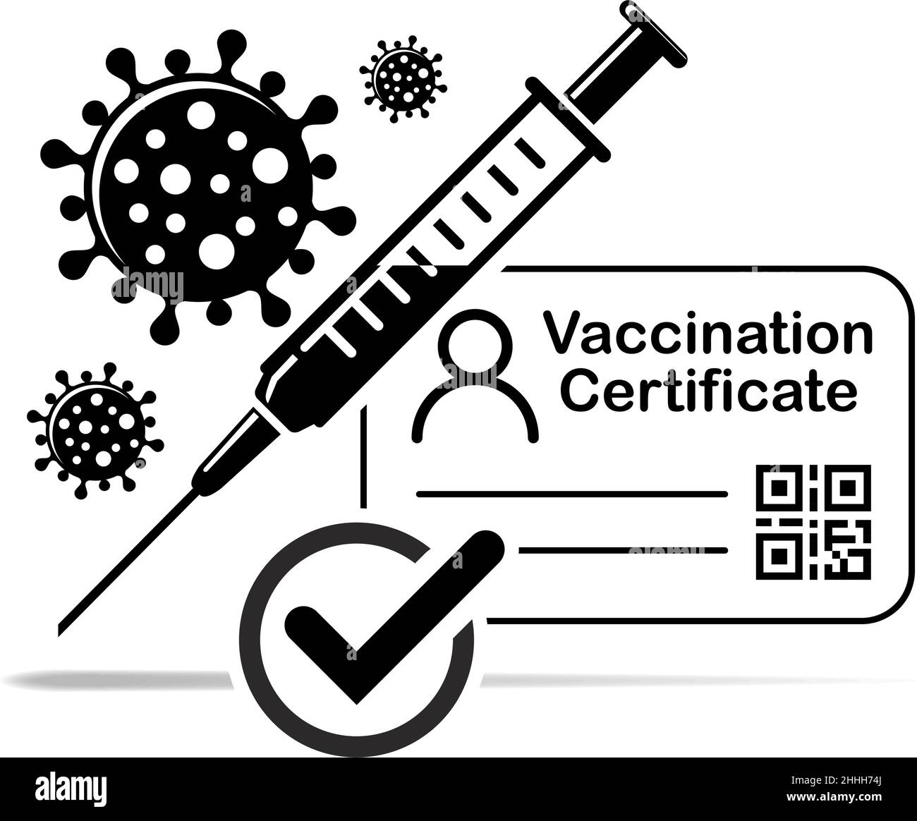 Symbol für den COVID-19-Impfpass. Impfpass gegen Coronavirus mit Häkchen, ärztlicher Karte oder Reisepass für die Zeitpandemie. Vec Stock Vektor