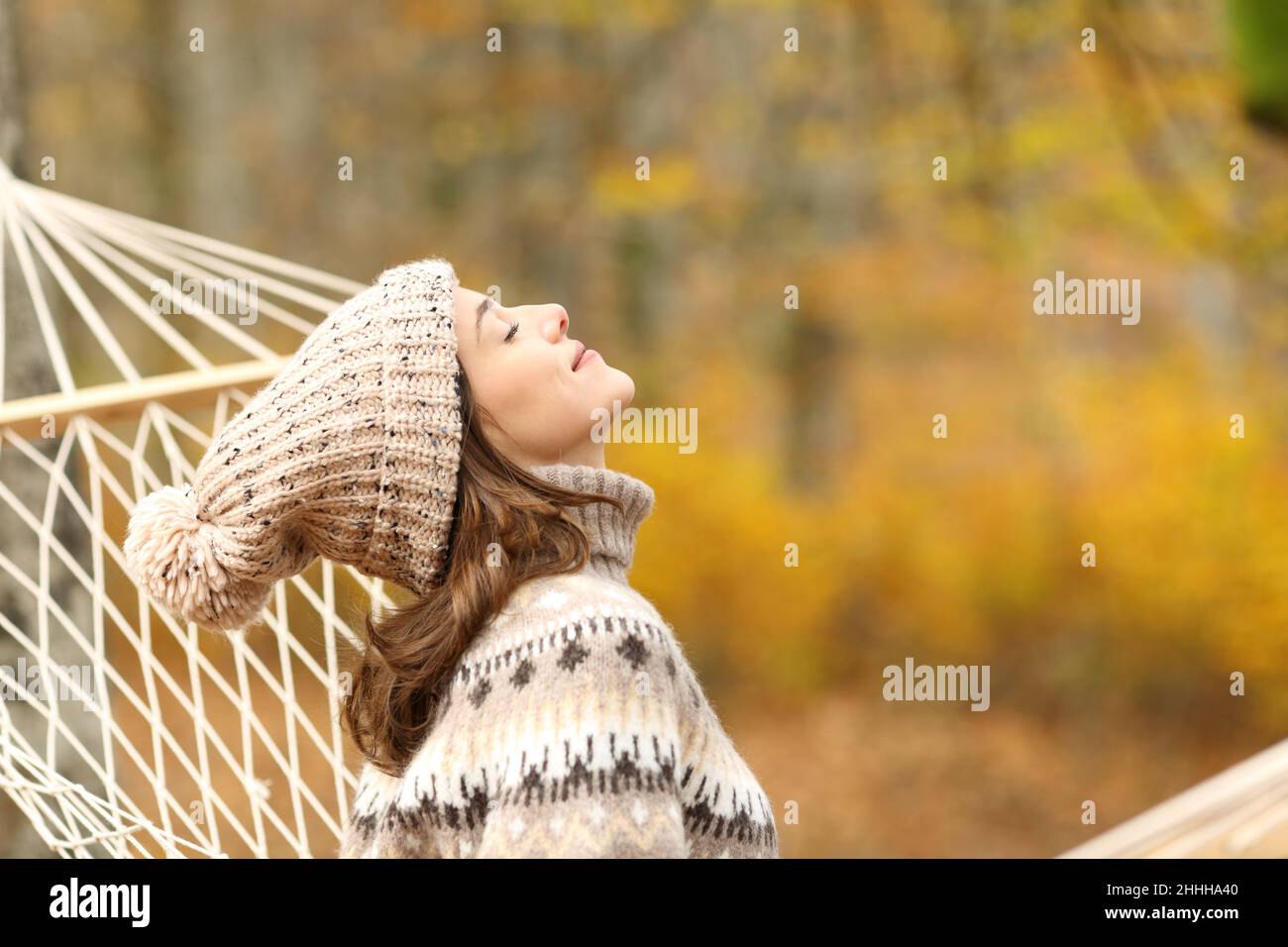 Profil einer entspannten Frau, die frische Luft atmet und im Herbst in einer Hängematte in einem Wald sitzt Stockfoto