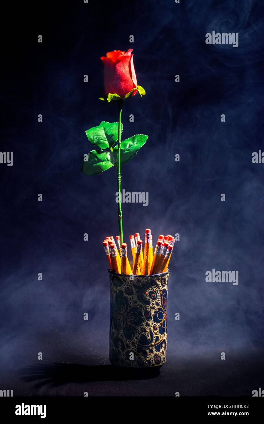 Dieses Foto, das mit wirklichem Rauch, einer roten Rose und ein paar Bleistiften erstellt wurde, verleiht dem Bild ein mystisches Aussehen, ideal für ein Poster Stockfoto