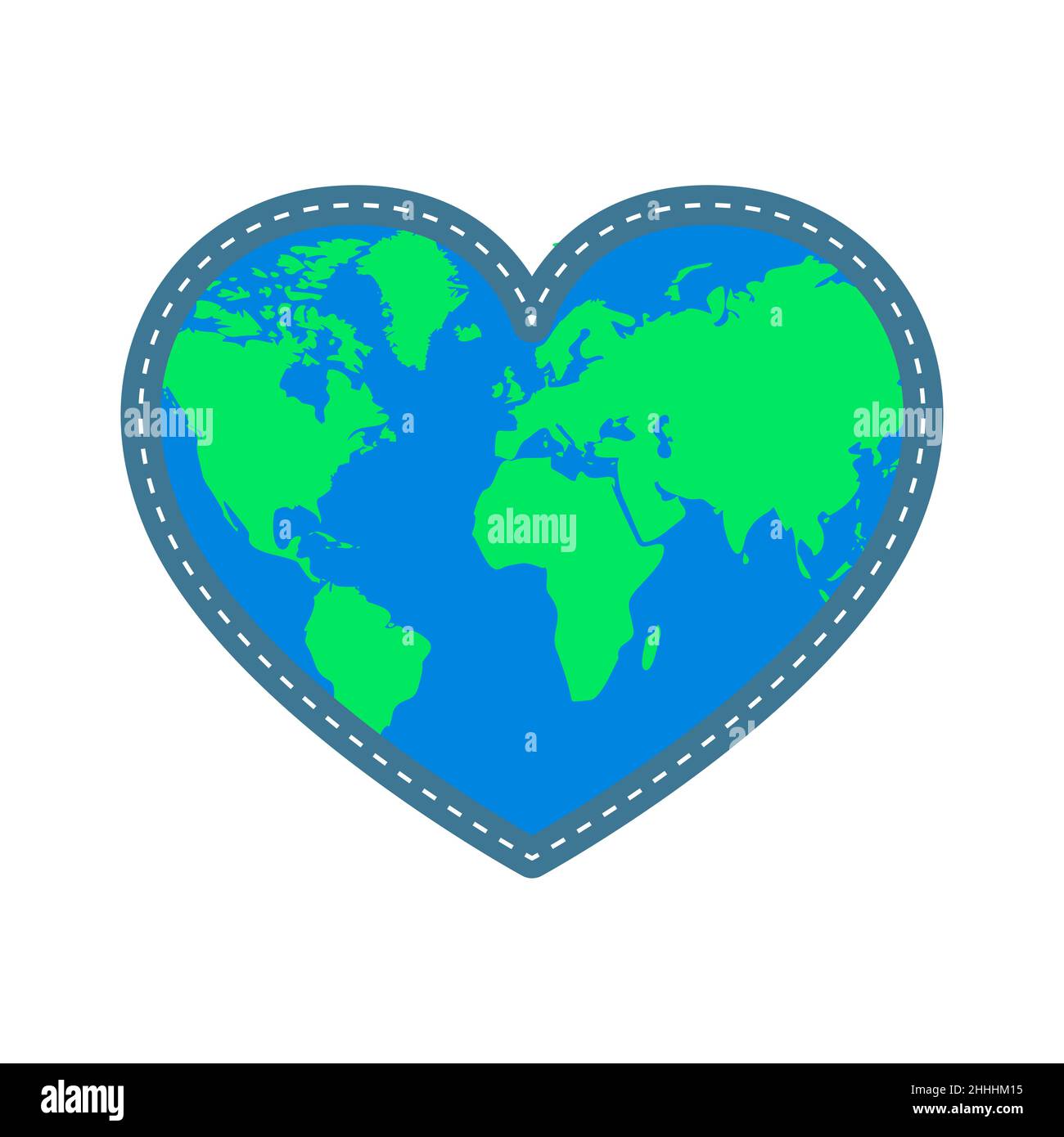 Herz-Ikone mit Weltkarte in flachem Design. Vektorgrafik. Farbiger Herzzeichen und Globe Earth, isoliert Stock Vektor
