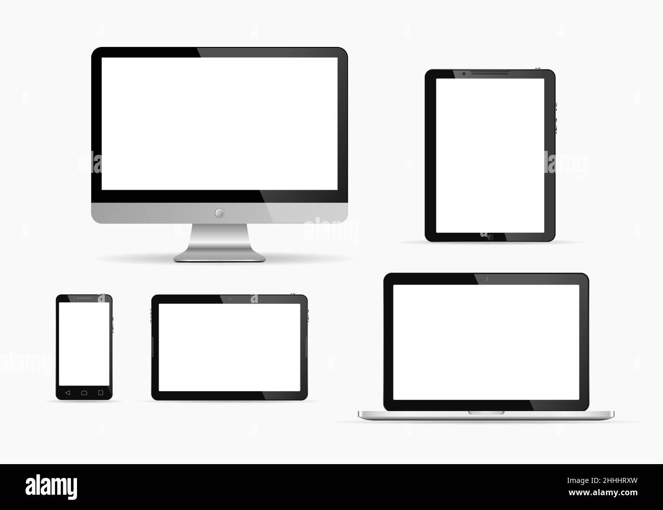 Elektronische Geräte mit weißer Bildschirm. Vector Illustration. Einstellen des Monitors, Tablet PC, Smartphone und Laptop. Stock Vektor