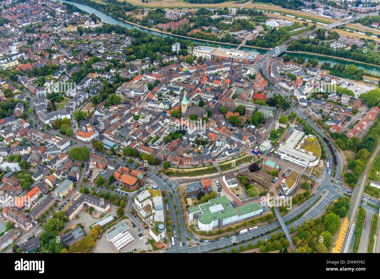 Luftaufnahme, Zentrum Dorsten von Südosten mit REWE-Center am Platz der Deutschen Einheit , Dorsten, Ruhrgebiet, Nordrhein-Westfalen, Deutschland, DE, Stockfoto