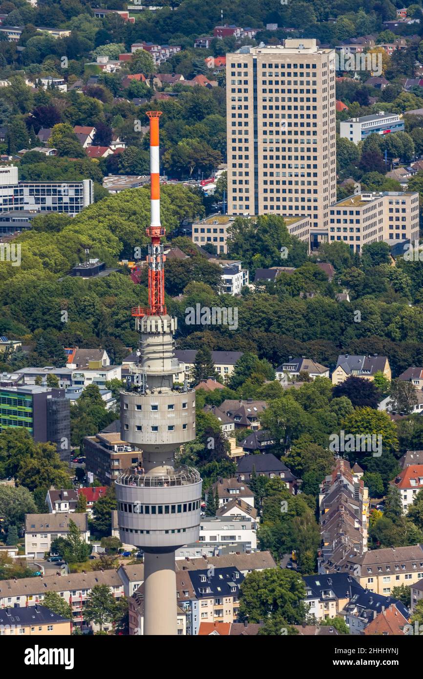 Luftbild, Fernsehturm, Florianturm im Westfalenpark, im Hintergrund WestfalenTower, Business Tower, Autobahn A40, B1, Westfalendamm Stockfoto
