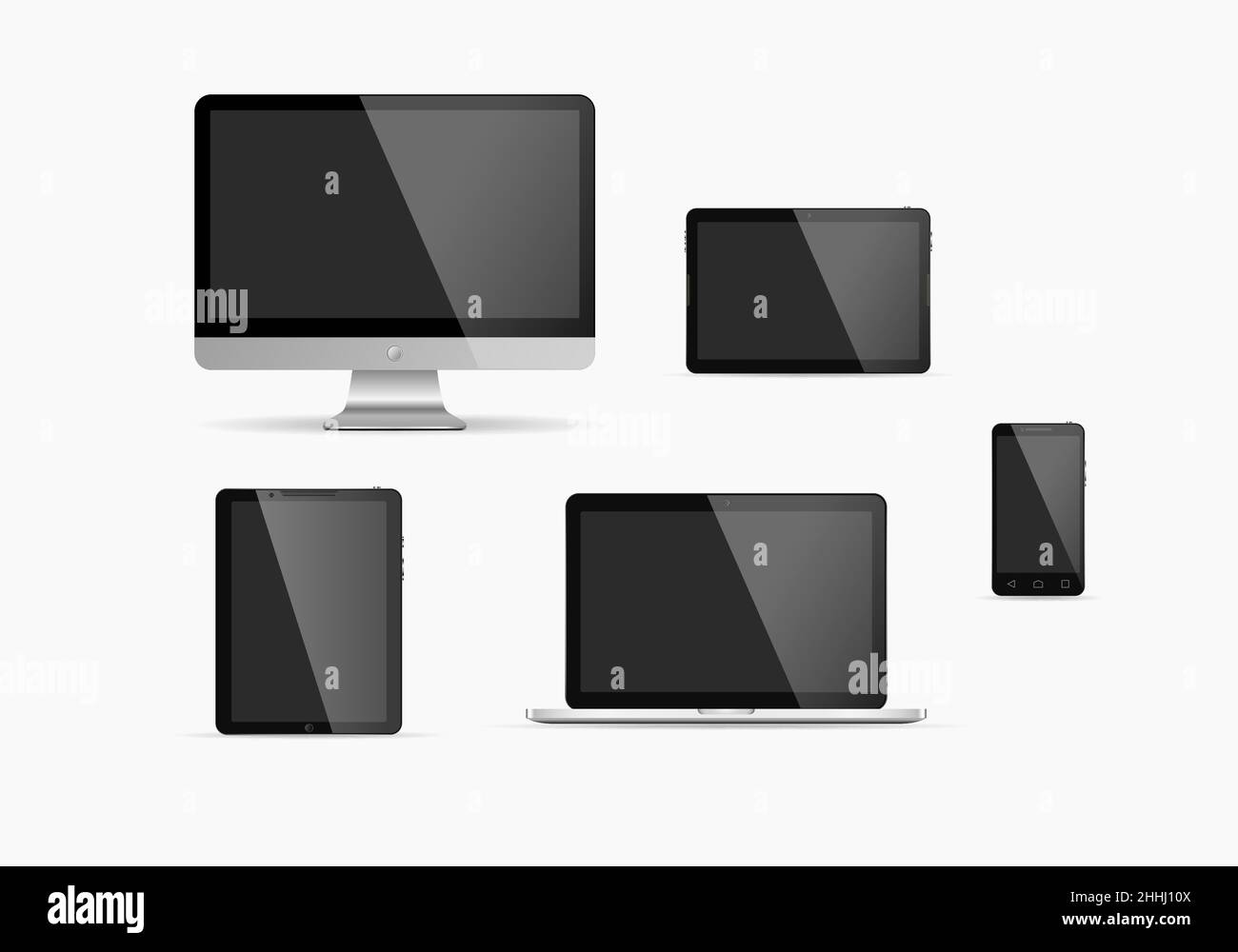 Elektronische Geräte mit dunklen Bildschirmen. Vektorgrafik. Set aus Monitor, Tablet-pc, Smartphone und Laptop. Stock Vektor