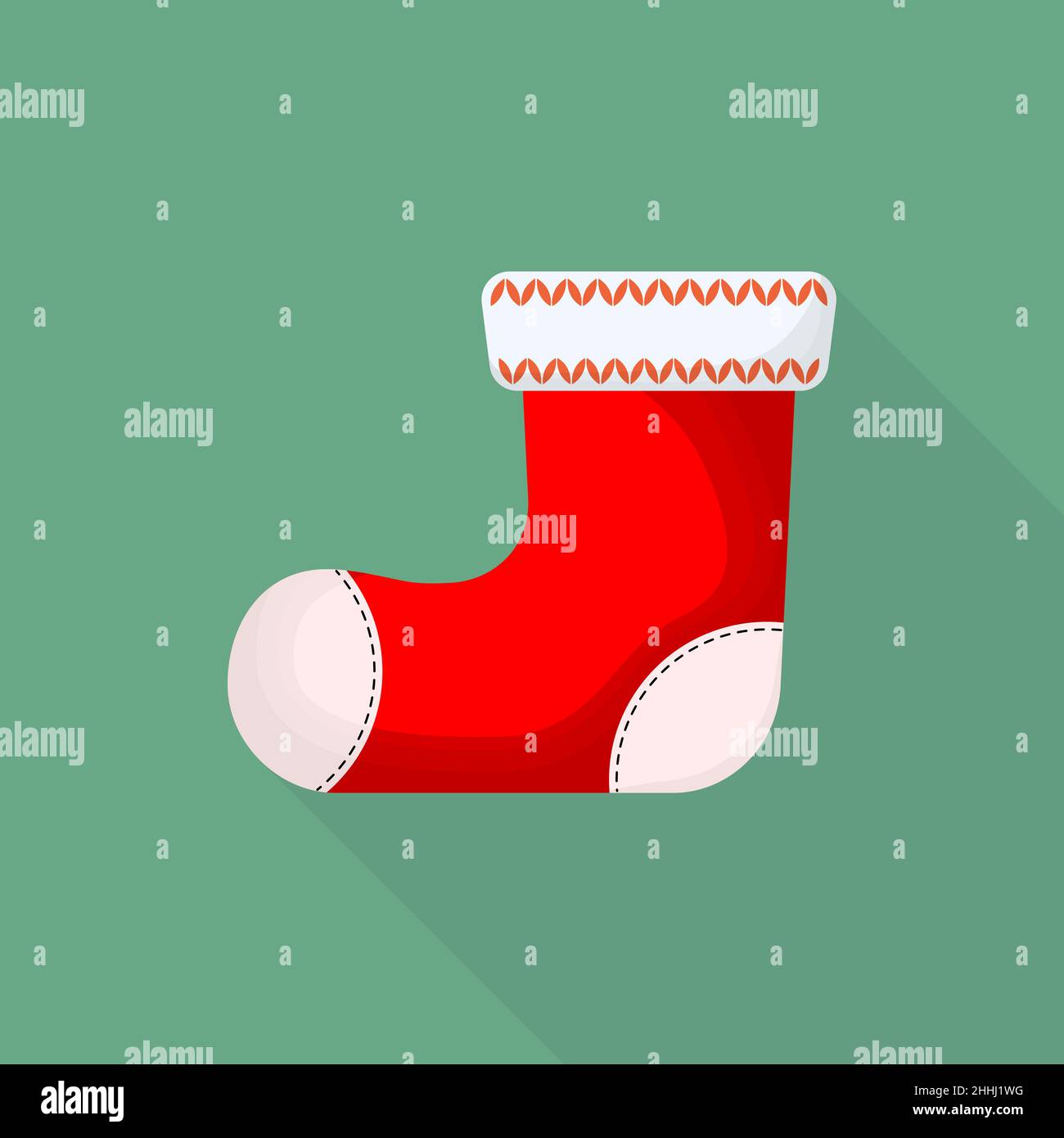 Roter weihnachtsstiefel mit langem Schatten, auf grünem Hintergrund. Vektorgrafik. Weihnachtsstiefel in flachem Design. Stock Vektor