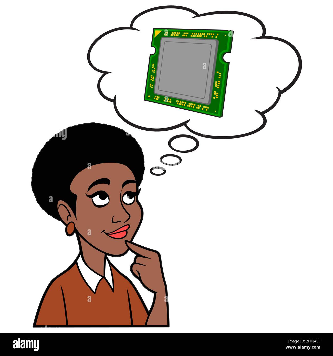 Eine schwarze Frau, die an einen Computerprozessor denkt – Eine Karikatur einer schwarzen Frau, die an einen neuen Computerprozessor denkt. Stock Vektor
