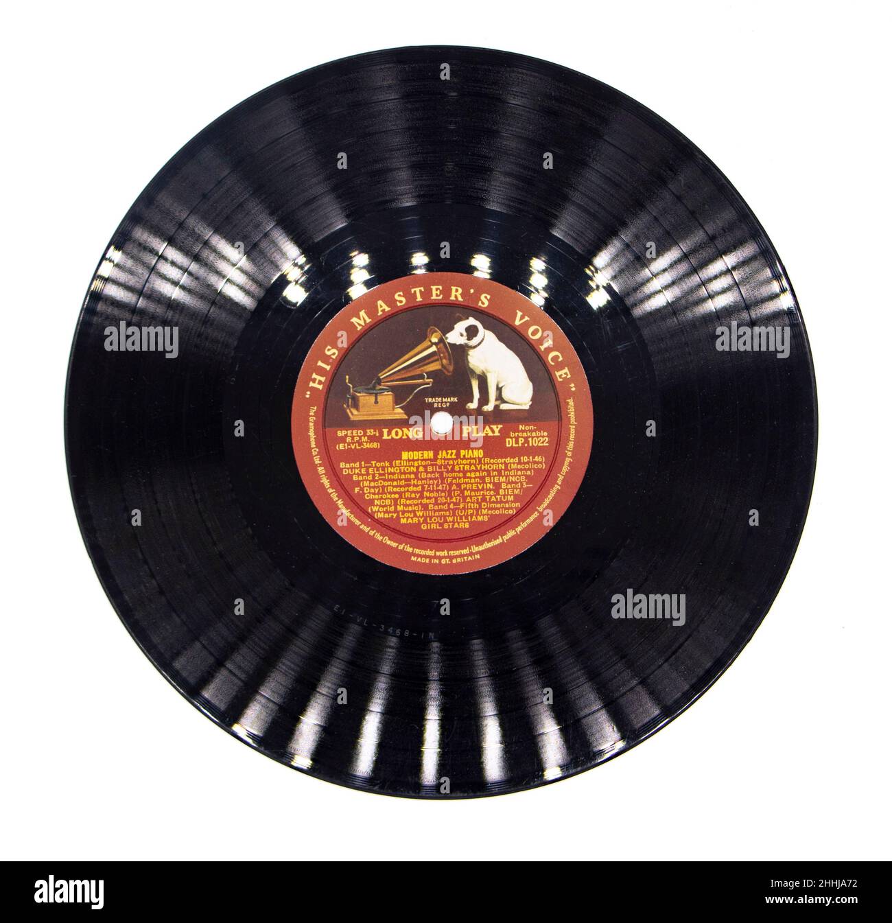 Nahaufnahme eines 12-Zoll-Vinyl-LP-Plattenlabels mit modernem Jazz-Klavier auf seiner Master-Stimme oder HMV Stockfoto