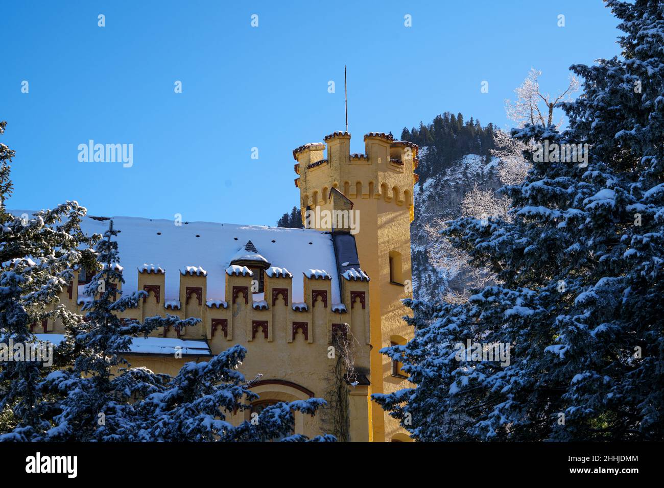 Königsschloss Hohenschwangau im Winter. Stockfoto