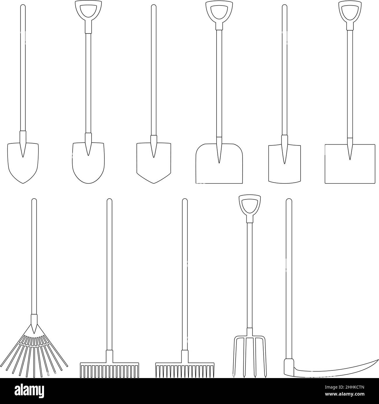 Konturensatz von Gartenwerkzeugen (Schaufel, Rechen, Gabel, Sense), Vektorgrafik Stock Vektor