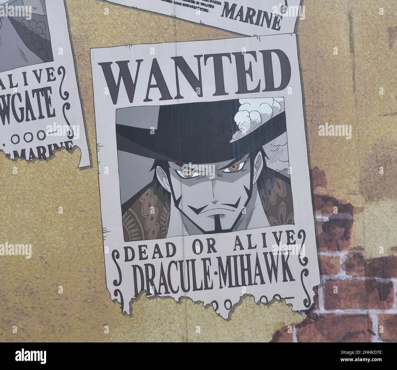Ein Plakat für die Figur Dracule Mihawk des japanischen Mangas wurde gesucht Stockfoto