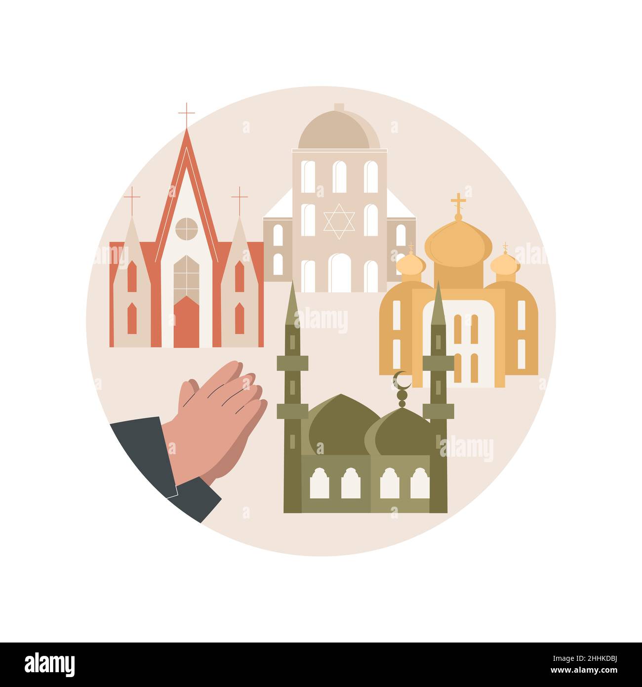 Religiöse Institution abstrakte Konzept Vektor Illustration. Institution des Glaubens, religiöse Praktiken, katholische Kirche, Moschee, Kathedrale Gebäude, Kapelle, Mönche im Kloster abstrakte Metapher. Stock Vektor