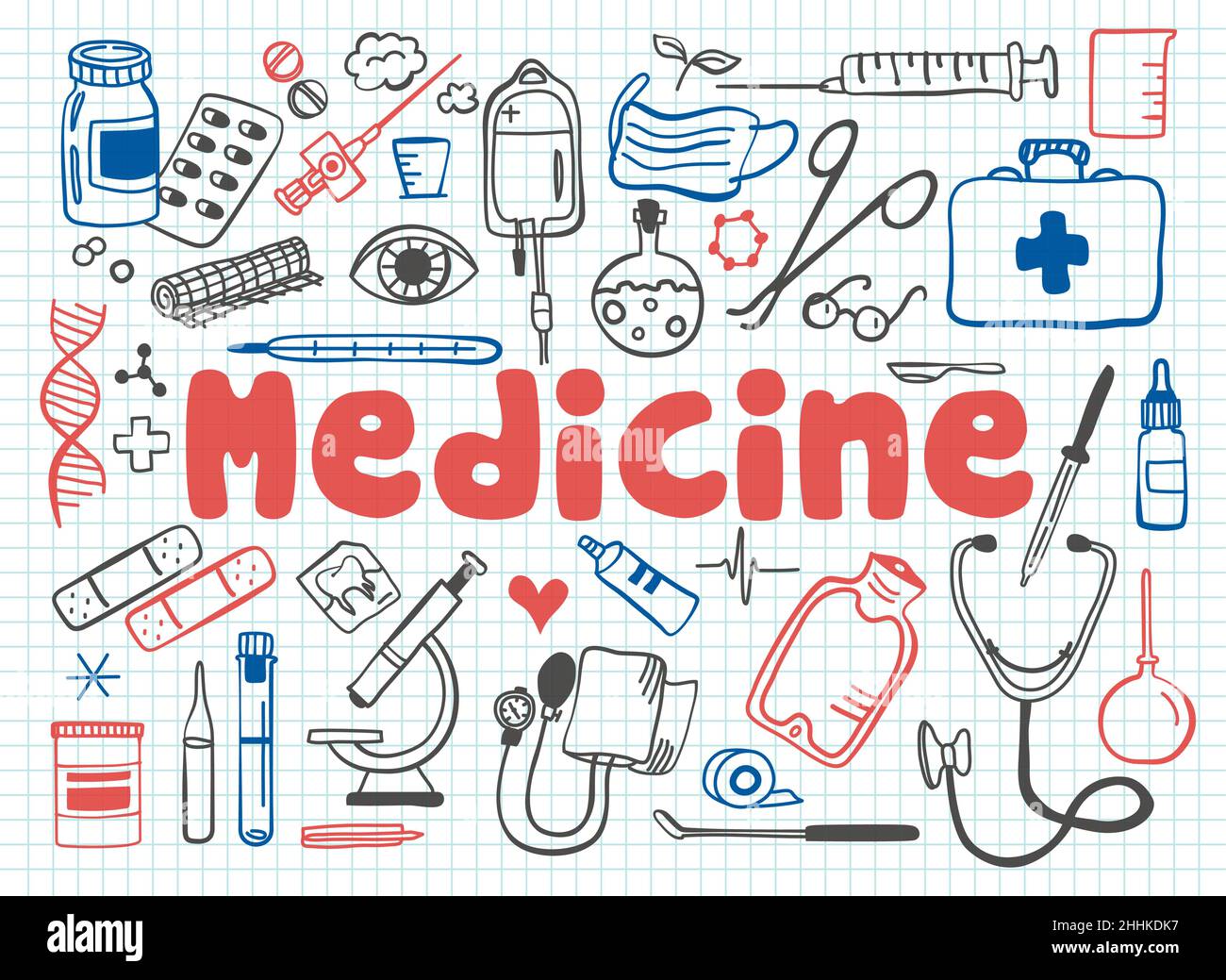 Vektorsymbole Set von Medikamenten und Gesundheitsobjekten im Doodle-Stil, für Grafik und Web Stock Vektor