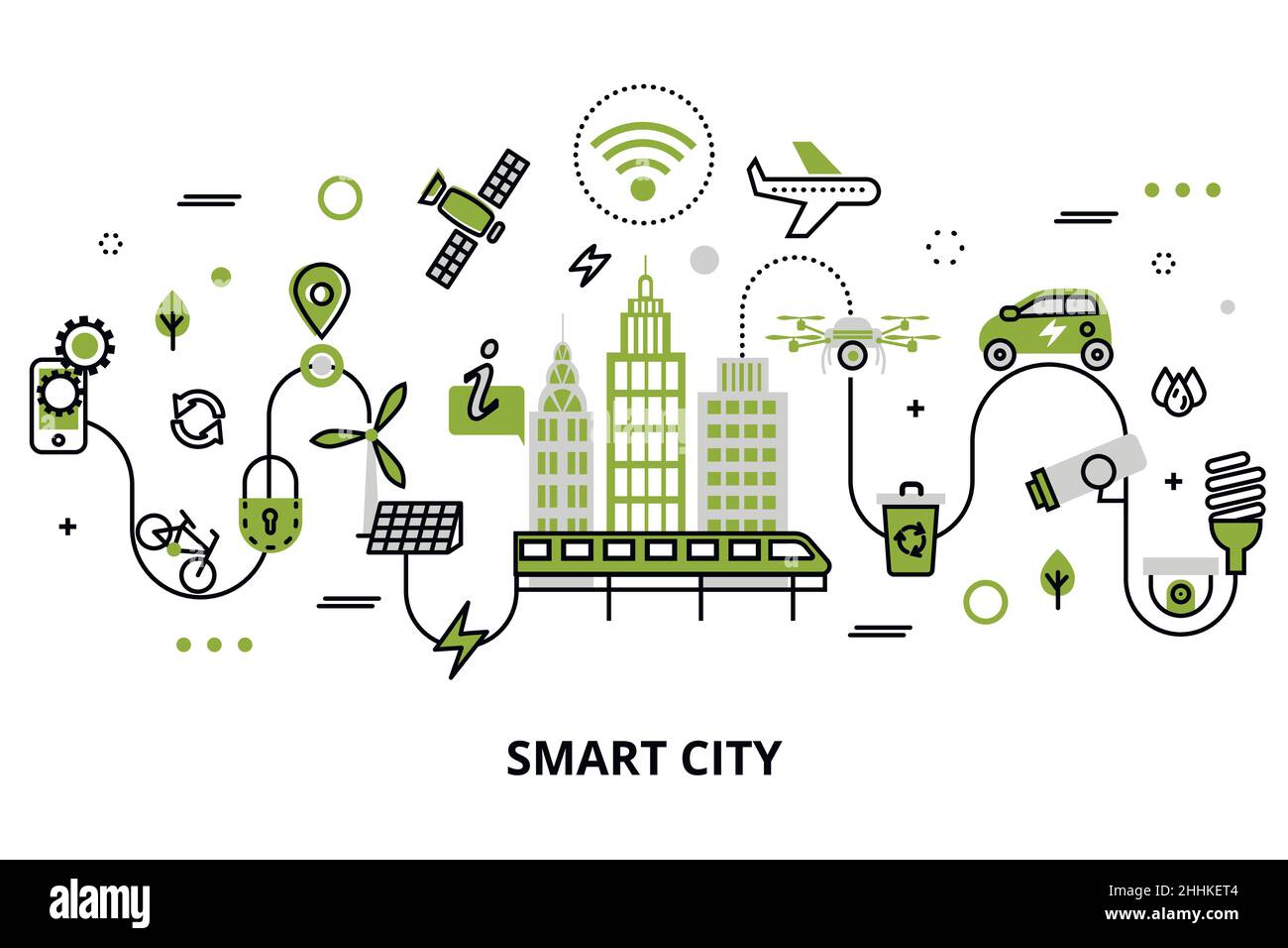 Modernes Flachliniendesign, Konzept der Smart City, Zukunftstechnologien und urbane Innovationen, für Grafik- und Webdesign Stock Vektor