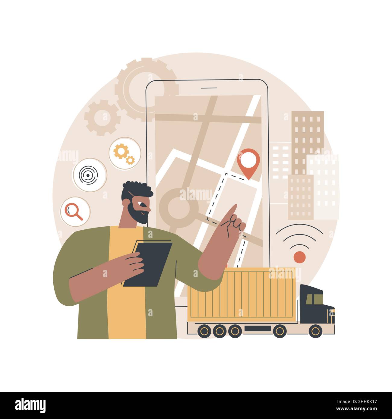 Autonomes Fahren abstrakte Konzept Vektor Illustration. Automatisierte Fahrtechnik, Probefahrt, autonomer Lkw, selbstfahrendes Auto, zukünftiges Transportsystem, Keine abstrakte Metapher für menschliche Fahrzeuge. Stock Vektor