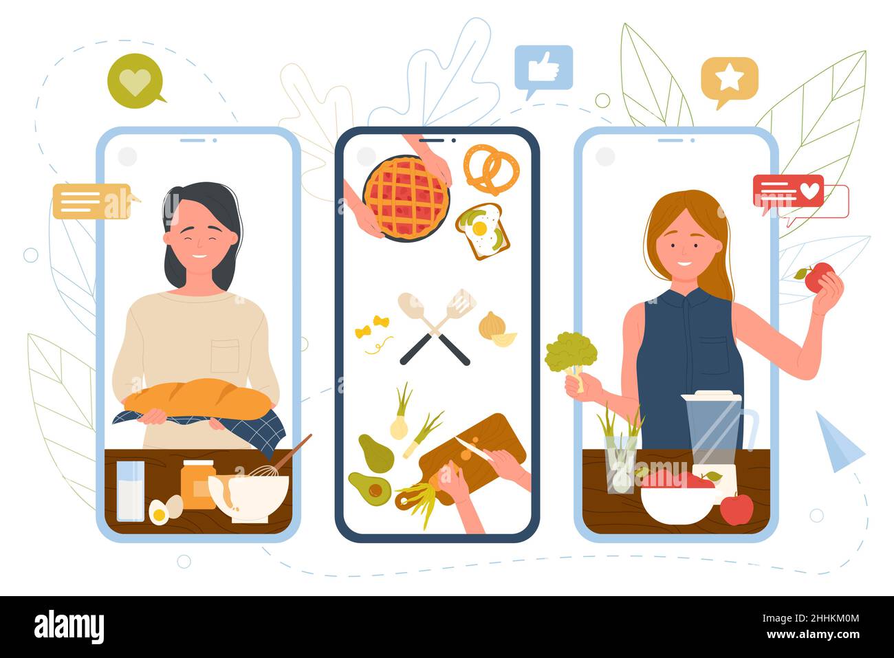 Menschen Kochen und Backen Online-Vektor-Illustration. Cartoon-Frau Bloggerin hält frisches Brot und Kuchen, schneiden Gemüse auf dem Bildschirm des Mobiltelefons. Kochshow, Kochkanal, Konzept des Meisterkurs Stock Vektor