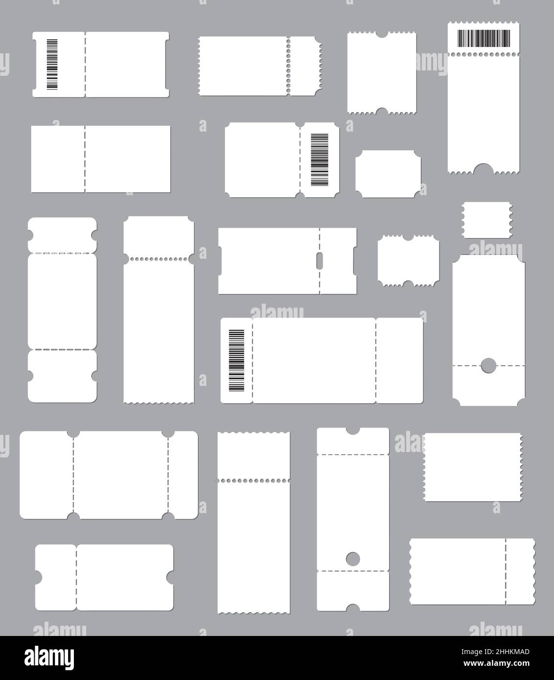 Leere Tickets und Zulassen von Vorlagen, Coupons und Papierverlosungen, Vektormockup. Blankoticket für Konzertveranstaltungen, Kino- oder Kino-Theater und Museum, Stock Vektor