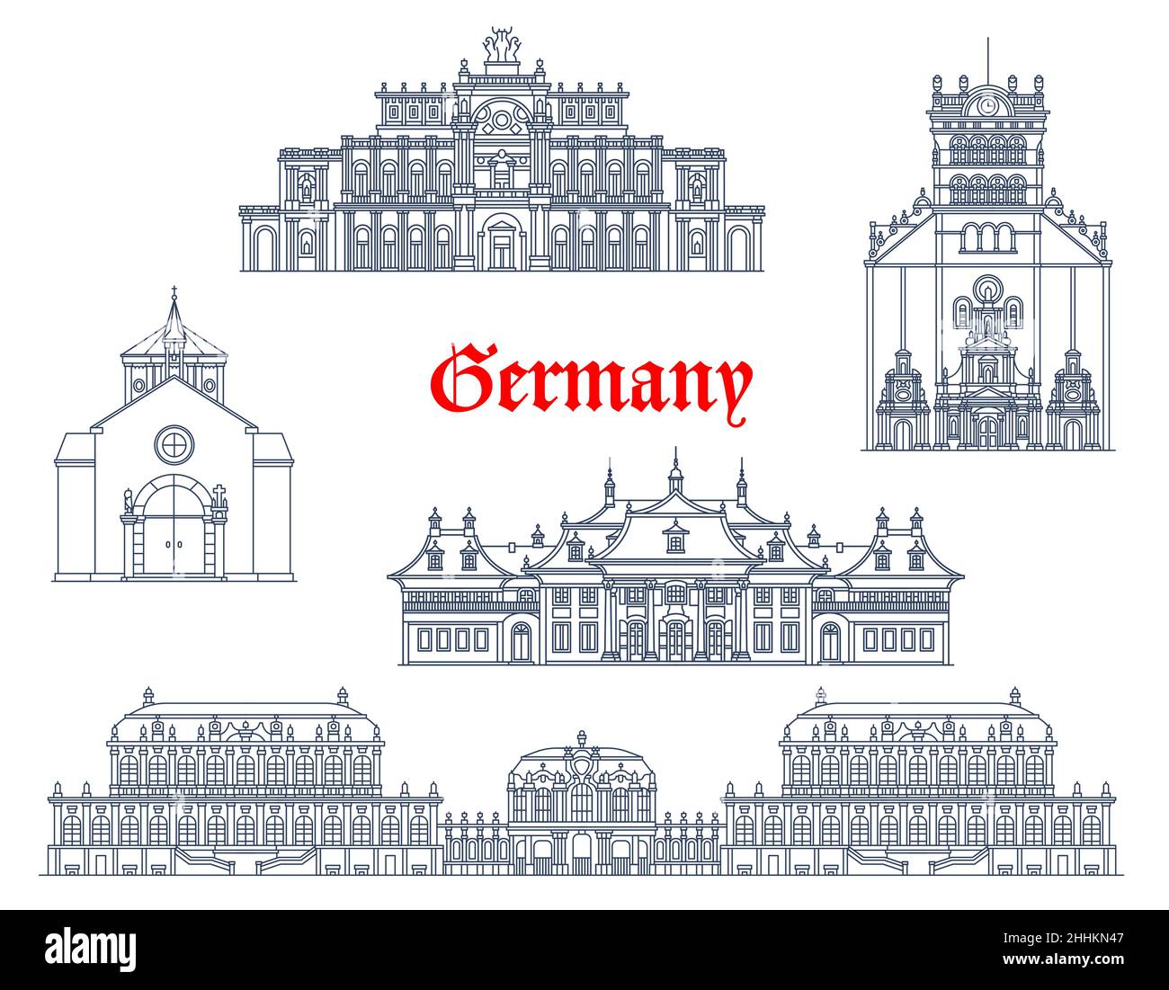 Deutschland, Dresden und Trier vektorielle Architekturbauten, Sehenswürdigkeiten. Schloss Pillnitz und Kreuzkirche oder Heilig-Kreuz-Kirche, Semperope Stock Vektor