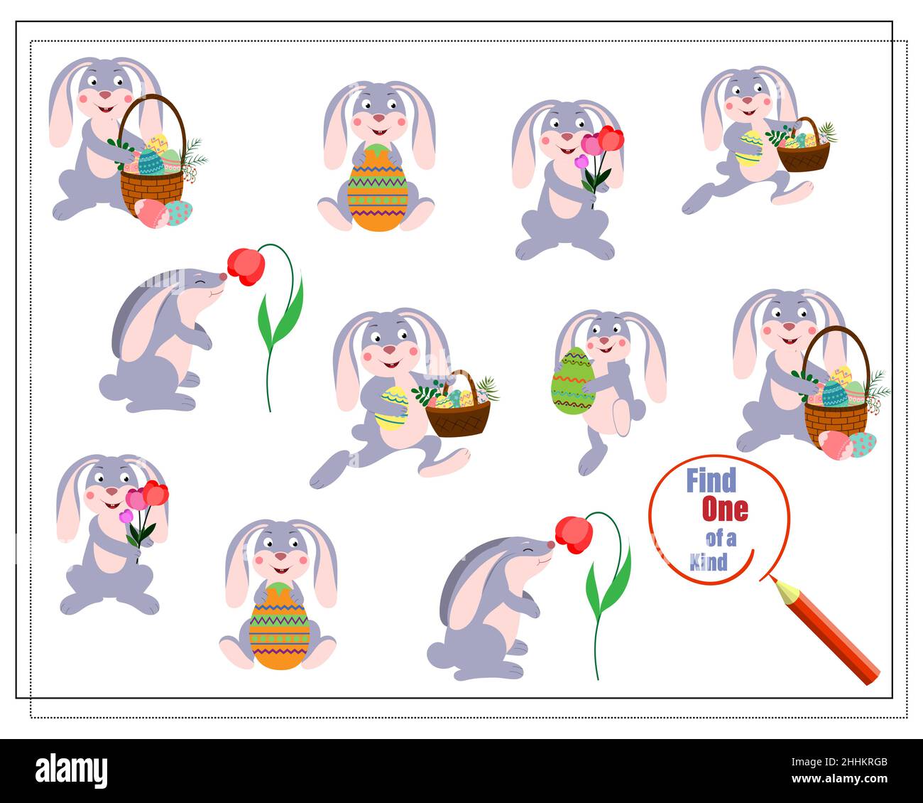 Kinder-Logik-Spiel finden die one of a Kind. Osterhase, Hase mit Korb. Vektor auf weißem Hintergrund isoliert Stock Vektor