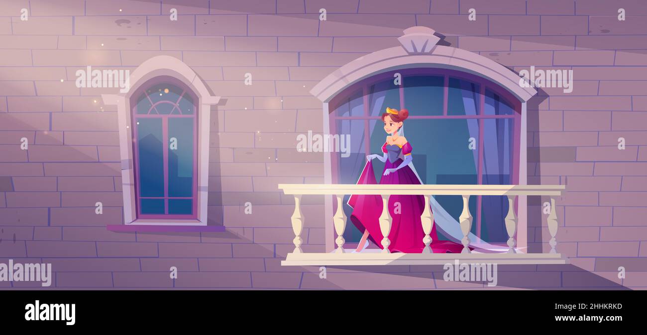 Prinzessin in rosa Kleid auf dem Palastbalkon. Märchen schönes Mädchen in Gold Krone. Vektor-Cartoon-Illustration der Fassade des Königshauses mit Bogenfenstern und Terrasse mit Balustrade Stock Vektor