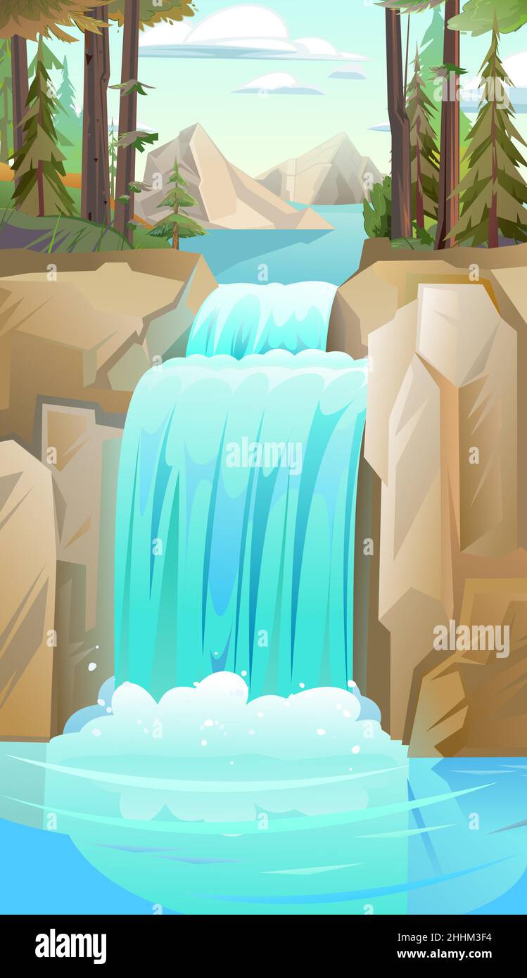 Wilde Landschaft mit Wasserfall zwischen Felsen. Kaskade schimmert nach unten. Fließendes Wasser. Schöner Cartoon-Stil. Flaches Design. Vektor. Stock Vektor