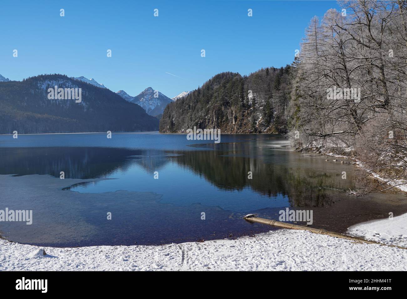 Winterlandschaft am teilweise eisbedeckten Alpsee in der bayerischen Schwangau. Stockfoto