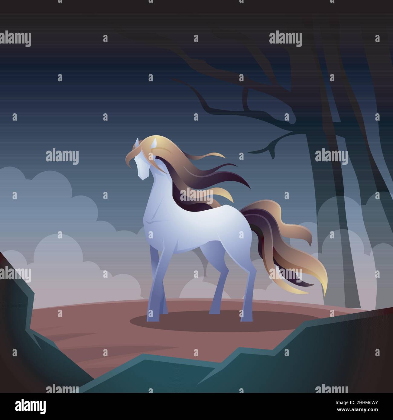 Schöne lange Haare Pferdestute stehend in Foggy Forest Dschungel Fantasy Illustration Stock Vektor