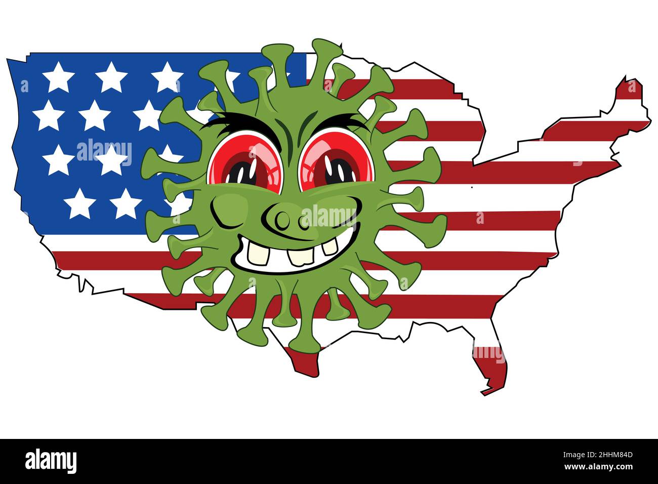 Staat USA in der Farbe der Flagge und Coronavirus Karikatur Stock Vektor