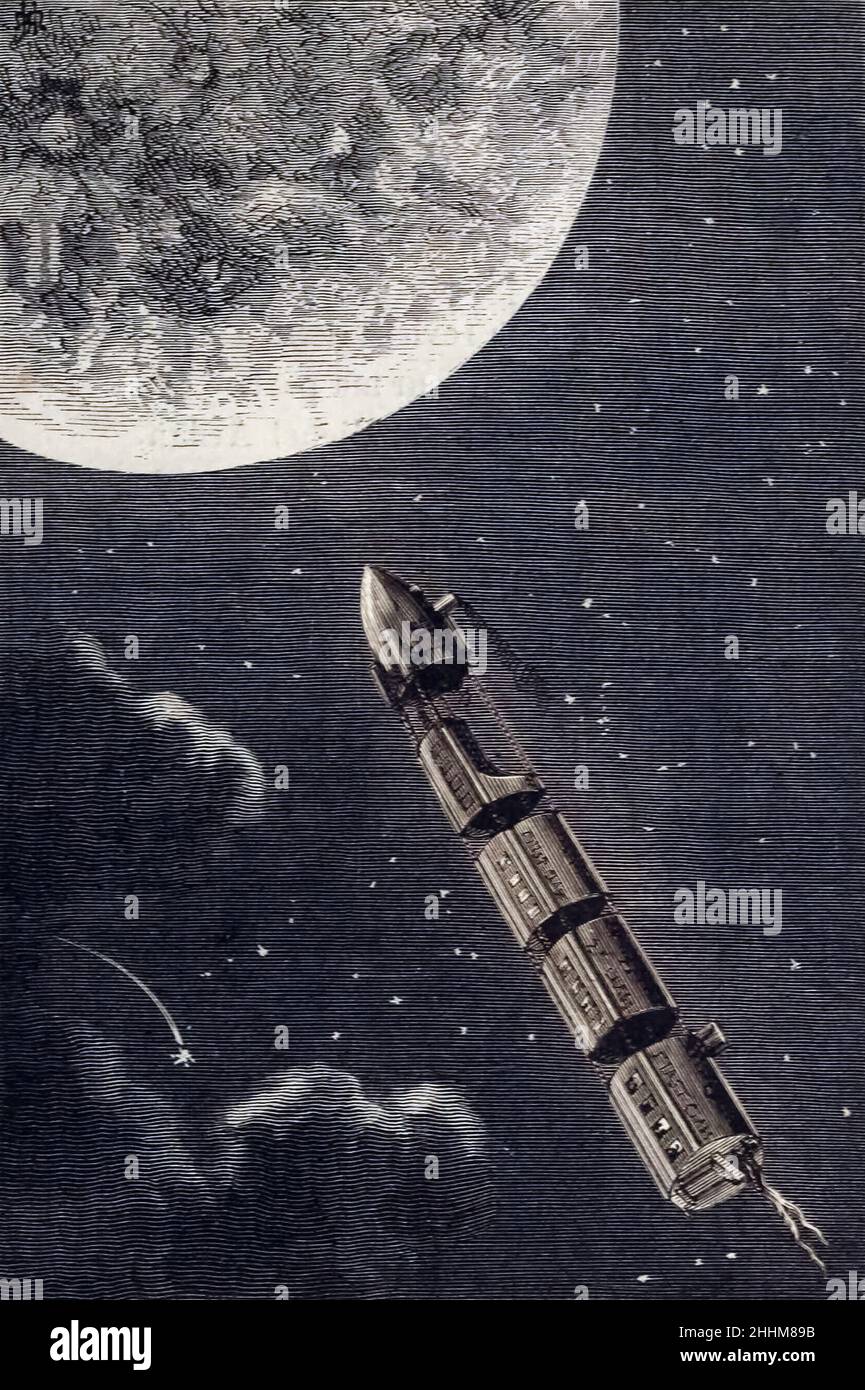 Projektil trainiert zum Mond. Nach einer Illustration im Roman von Jules Verne von 1865 von der Erde zum Mond: Eine direkte Route in 97 Stunden, 20 Minuten. Stockfoto