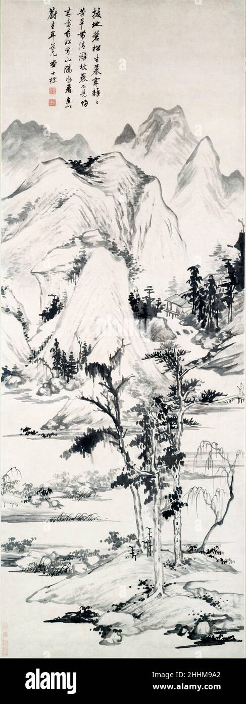 Chinesische Landschaft aus dem 17th. Jahrhundert im Stil von Ni Zan (1301-1374), hängende Schriftrolle von Zha Shibiao, 1615-1698 Stockfoto