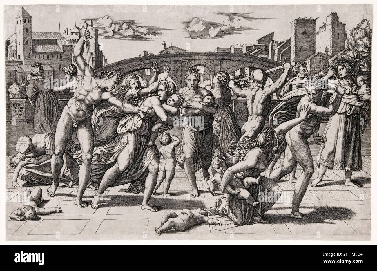 Massaker der Unschuldigen, Stich von Marcantonio Raimondi, nach Raphael, 1513-1515 Stockfoto