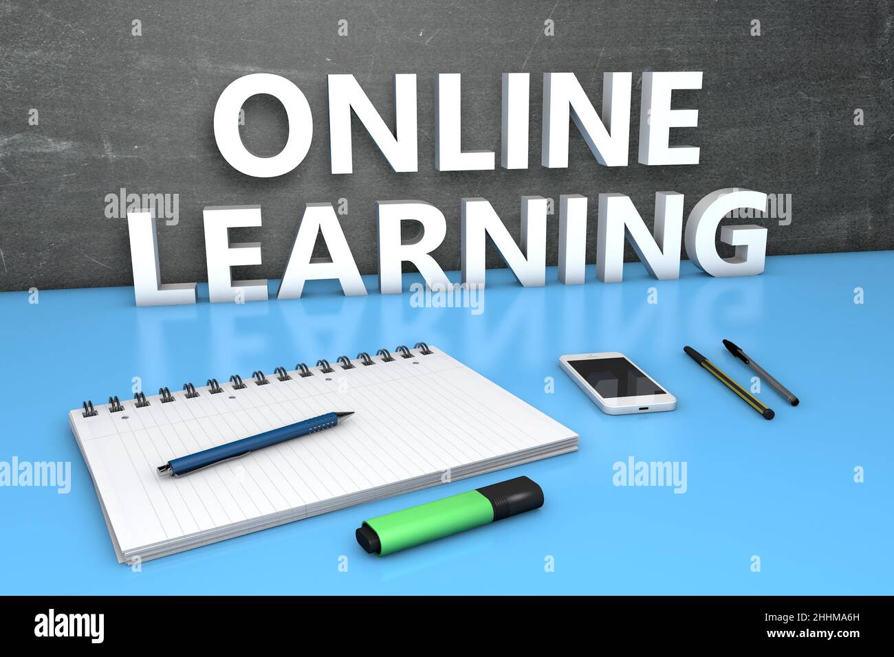 Online Learning - Textkonzept mit Tafel, Notizbuch, Stiften und Handy. 3D Darstellung rendern. Stockfoto