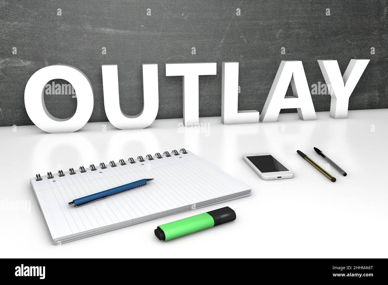 Outlay - Textkonzept mit Tafel, Notizbuch, Stiften und Mobiltelefon. 3D Darstellung rendern. Stockfoto