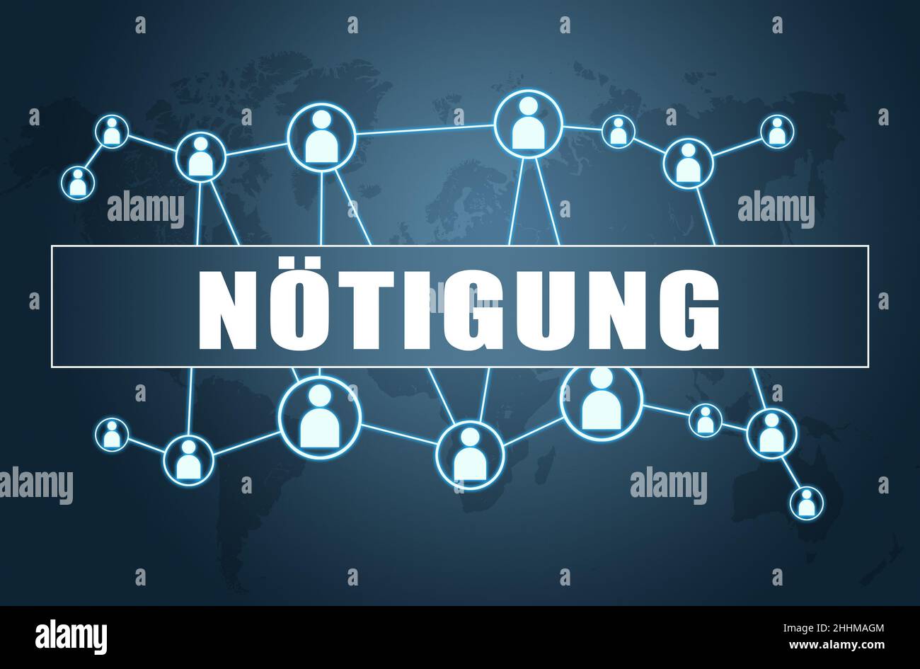Nötigung - deutsch Wort für Zwang oder Zwang - Textkonzept auf blauem Hintergrund mit Weltkarte und sozialen Symbolen. Stockfoto