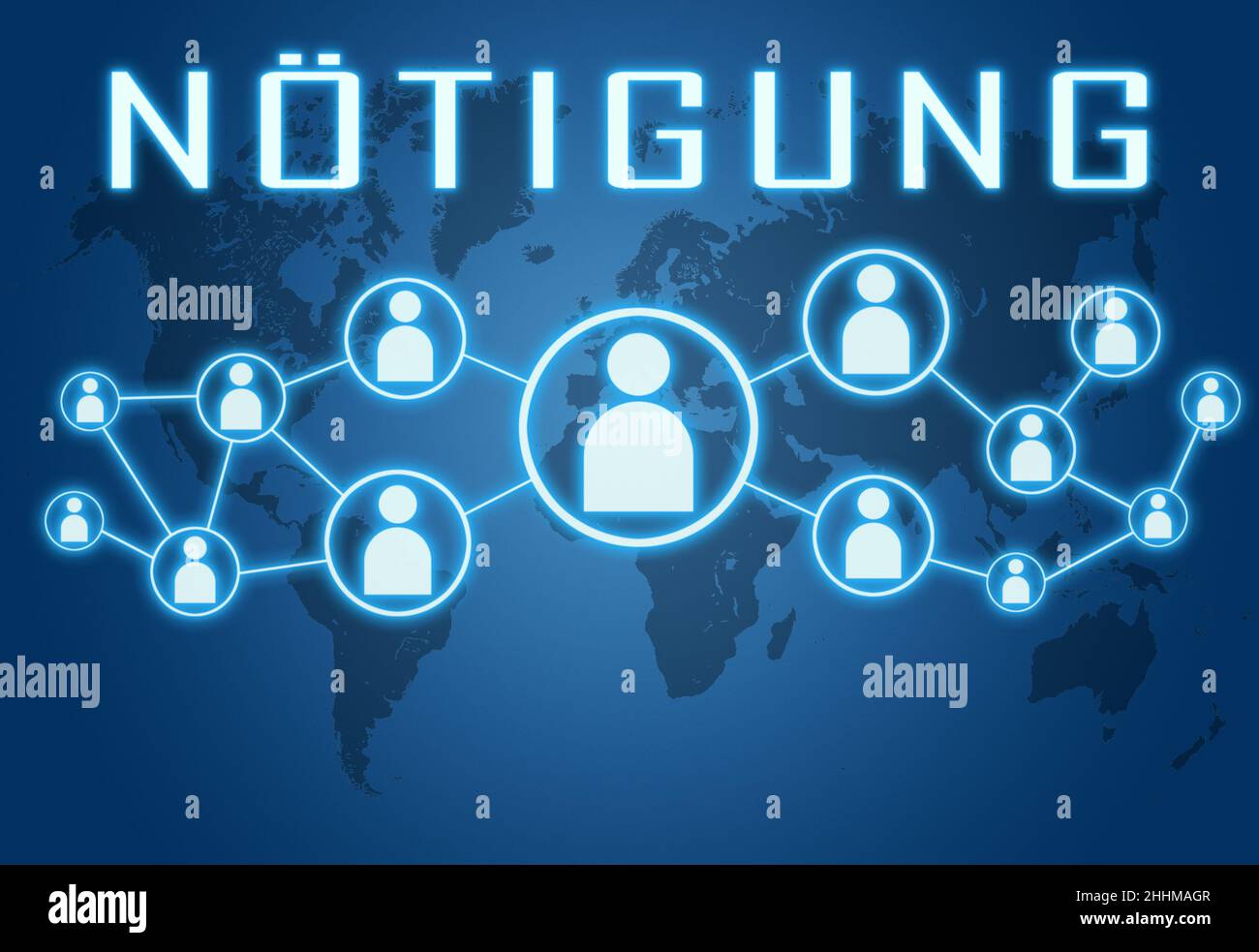 Noetigen - deutsch Wort für Zwang oder Zwang - Textkonzept auf blauem Hintergrund mit Weltkarte und sozialen Symbolen. Stockfoto