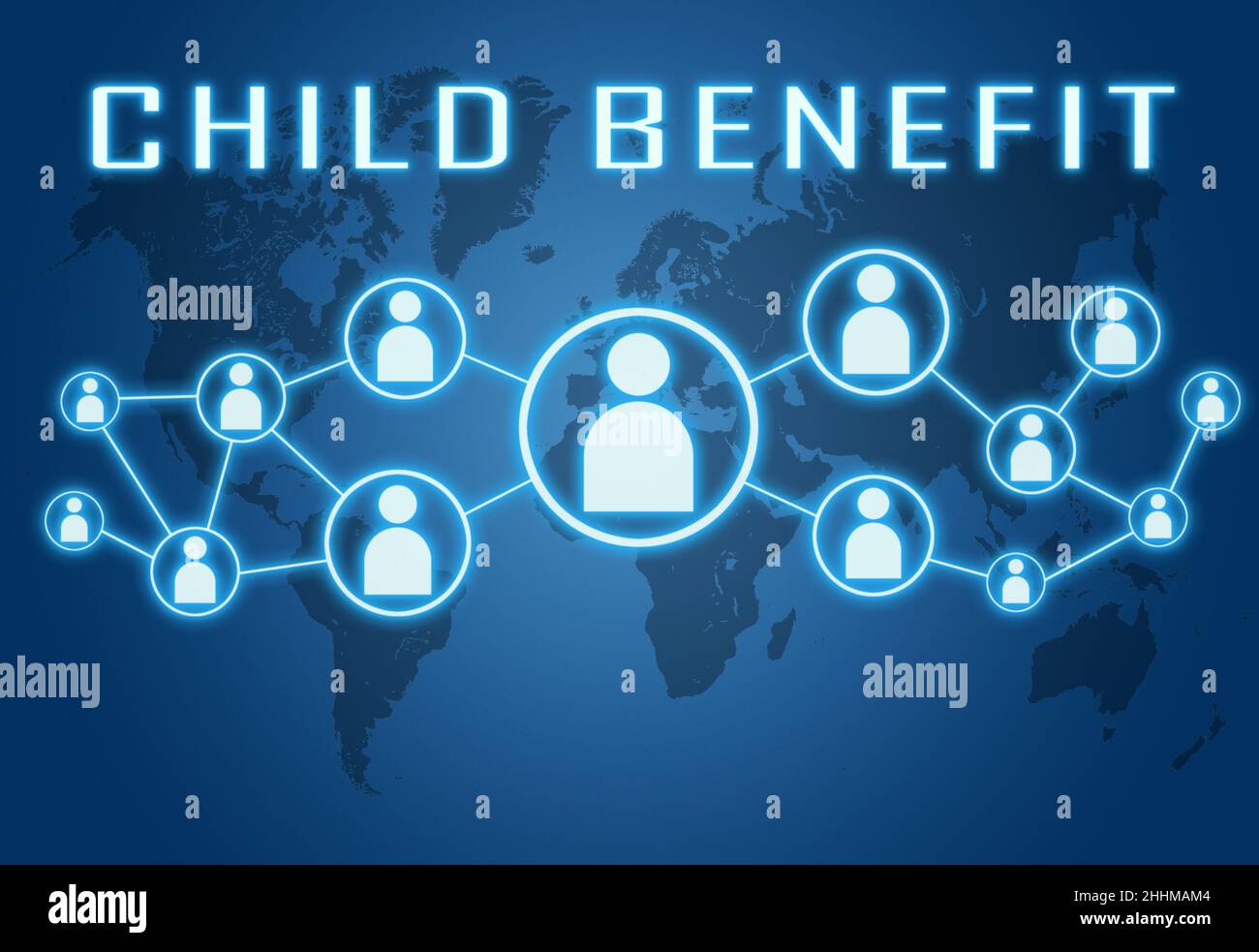 Kindergeld - Textkonzept auf blauem Hintergrund mit Weltkarte und sozialen Symbolen. Stockfoto