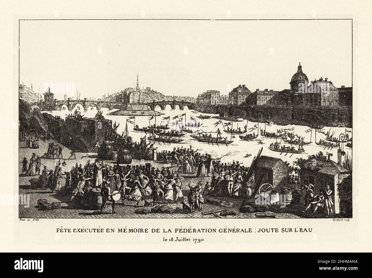 Teams in Booten, die auf der seine, Paris, fahren. Tanzende und singende Zuschauer am Ufer bei Pont Neuf. Festival der Federation Generale, Juli 1790. Joute sur l'Eau, 18 Juillet 1790. Memoire de la Federation Generale. Lithographie nach Pierre Gabriel Berthault aus Henry Rene d’Allemagne’s Recreations et Passe-Temps, Games and Pastimes, Hachette, Paris, 1906. Stockfoto