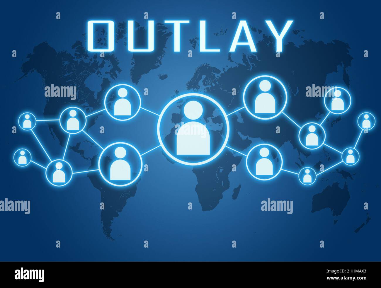 Outlay - Textkonzept auf blauem Hintergrund mit Weltkarte und sozialen Symbolen. Stockfoto