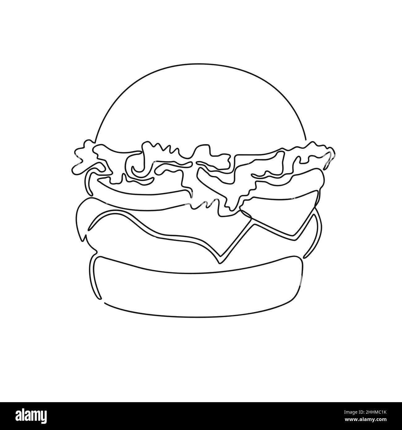 Der Hamburger wird mit einer durchgehenden Linie auf weißem Hintergrund gezeichnet. Vektorgrafik für Aktien Stock Vektor