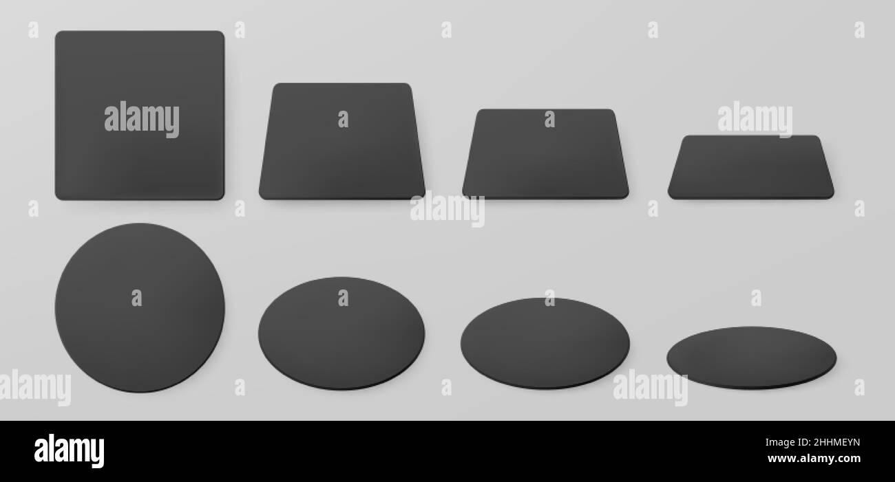 Schwarze Papieruntersetzer für Bierkrug. Vektor realistische Nachbau von leeren quadratischen und runden Bierdeckel in der Draufsicht. Bierdeckel für Becher oder Kartonmatte verschiedene Formen und Winkel isoliert auf grauem Hintergrund. Stock Vektor