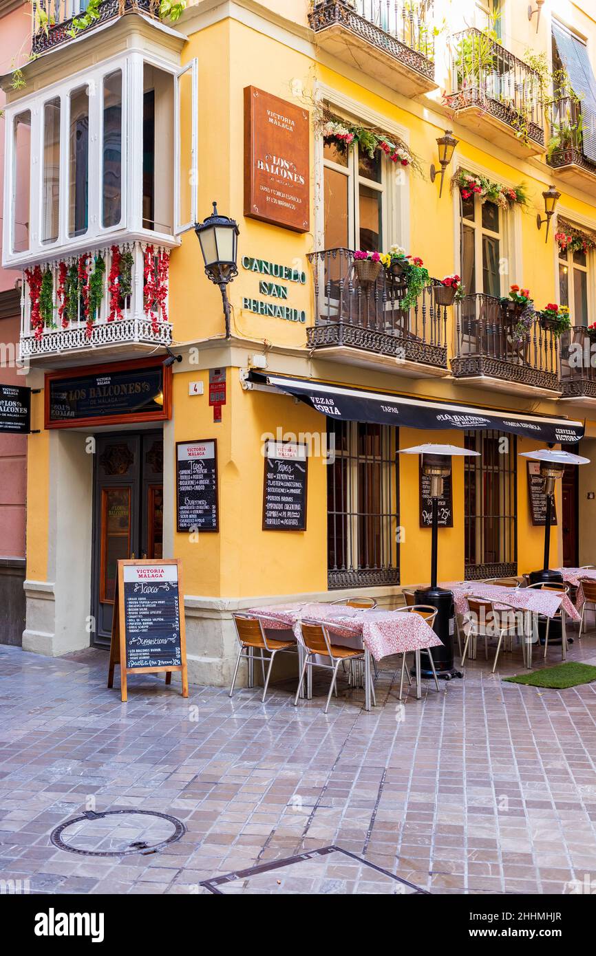 Restaurant Los Balcones de Malaga im historischen Zentrum (Altstadt) von Malaga, Andalusien, Spanien Stockfoto