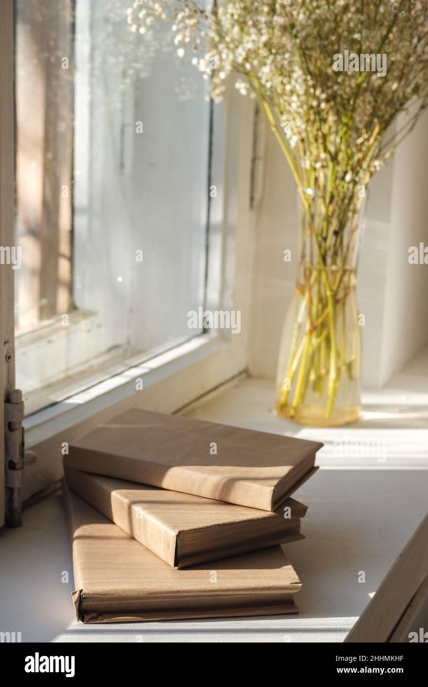 Stapel Bücher und Vase mit weißen Blumen stehen an sonnigen Tagen auf der Fensterbank am Fenster. Stockfoto